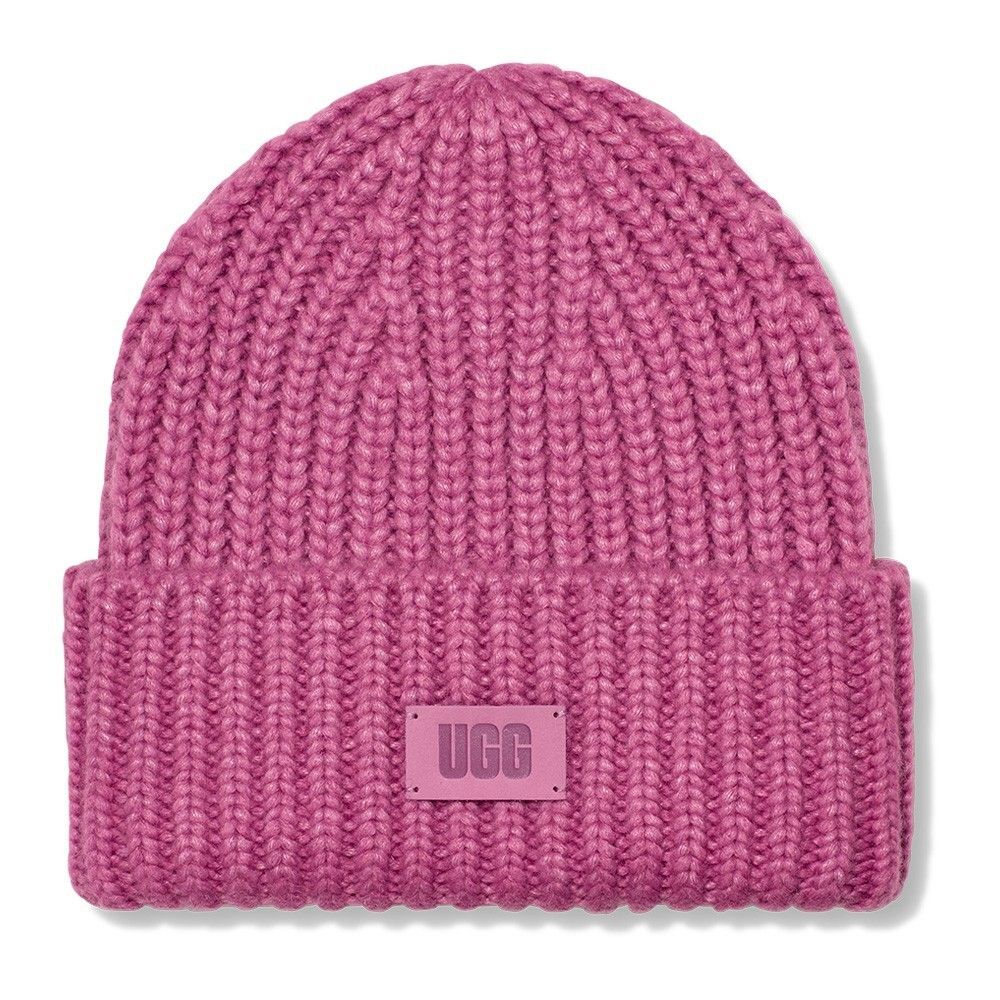 UGG Women's Chunky Rib-Knit Logo-Patch Beanie Soft and Cozy Pink One Size